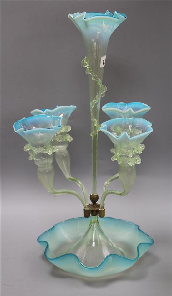 A Victorian vaseline glass table epergne height 54cm